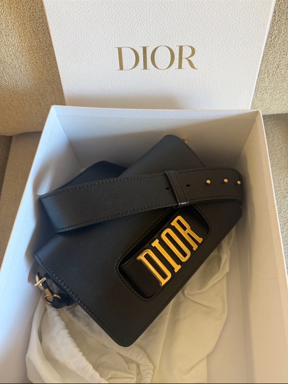 Dior Black Leather Shoulder Bag with Gold Logo Plaque